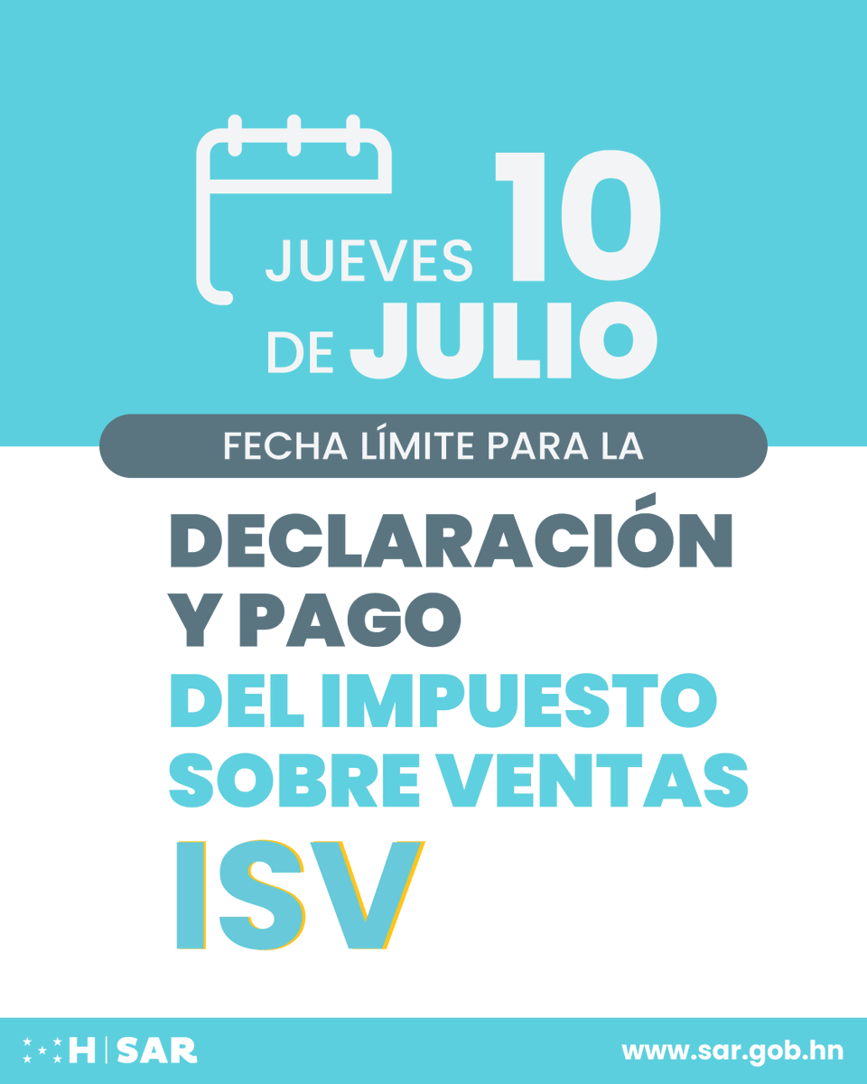 🗓️¡Mañana 10 de julio vence el plazo para declarar y pagar el ISV!

💻 Hágalo de forma rápida y segura a través de nuestra Oficina Virtual oficinavirtual.sar.gob.hn