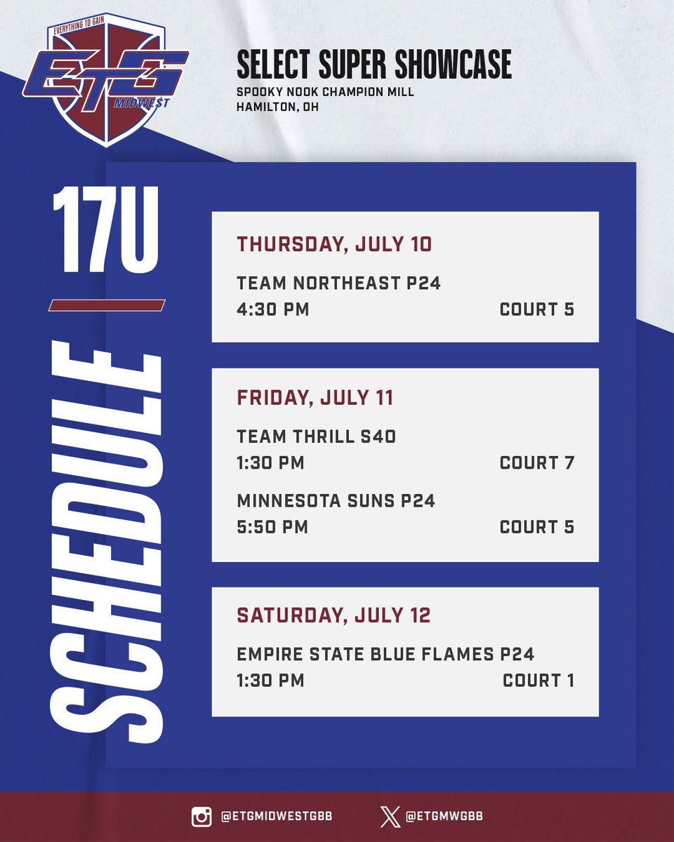 Come check out our 15’s, 16’s and 17’s in the Select Super Showcase on our first stop of our trip to Hamilton Ohio‼️

Schedules for our teams in the Midwest Summer Classic will be posted Friday🏀