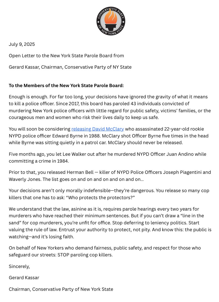 Conservative Party of NYS (@cpnys) on Twitter photo Letter to the New York State Parole Board from the New York State Conservative Party Demanding the Killer of NYPD Officer Edward Byrne NOT be Released: Letter to the New York State Parole Board from the New York State Conservative Party Demanding the Killer of NYPD Officer Edward Byrne NOT be Released: