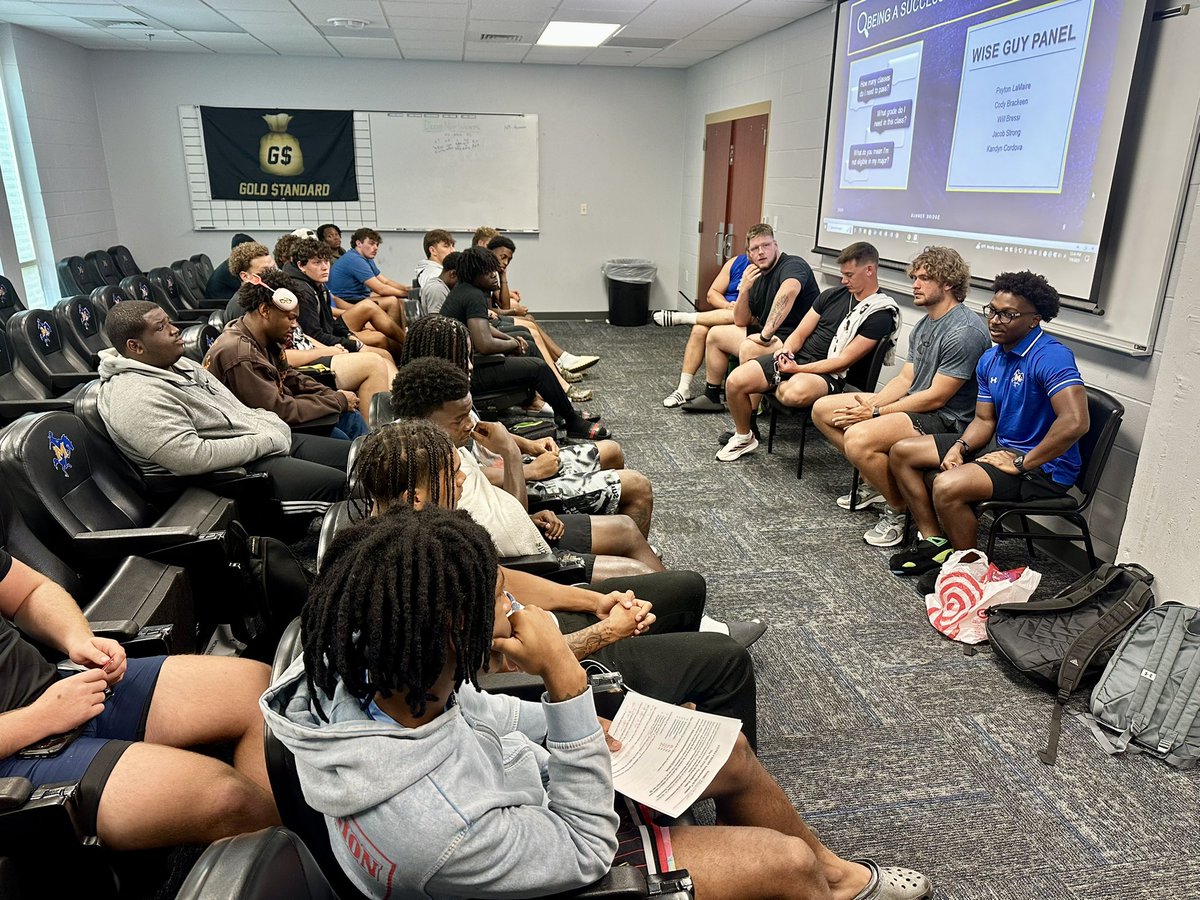 Summer Bridge Meeting w/ <a href="/McNeeseFB/">McNeese Football</a> Freshmen! 

We had a little fun insome races to show how being organized &amp; knowing key details about <a href="/McNeese/">McNeese</a> will aid in their success as student athletes! 
And a big thank you to the wise guy panel for sharing their wisdom with the group! 🤠
