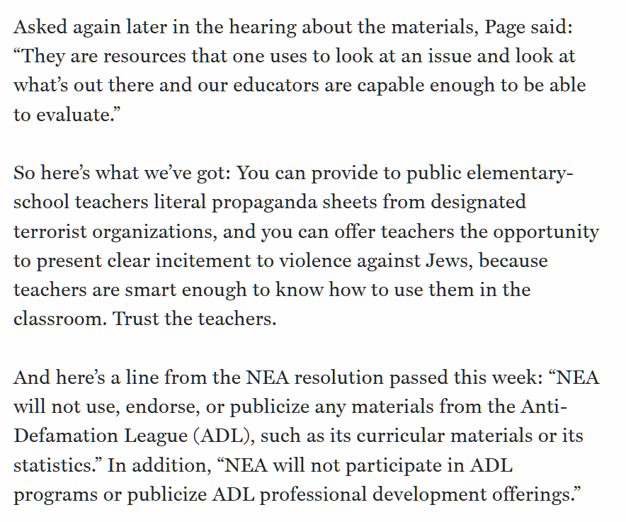 SethAMandel's tweet photo. Since Oct. 7, classrooms have been flooded with anti-Semitic teaching materials. Union leaders claimed that their teachers are thoughtfully fostering debate and that the use of these materials does not suggest the unions agree with them.

The NEA has just exposed this as a lie: https://t.co/zfqoG7kwWi