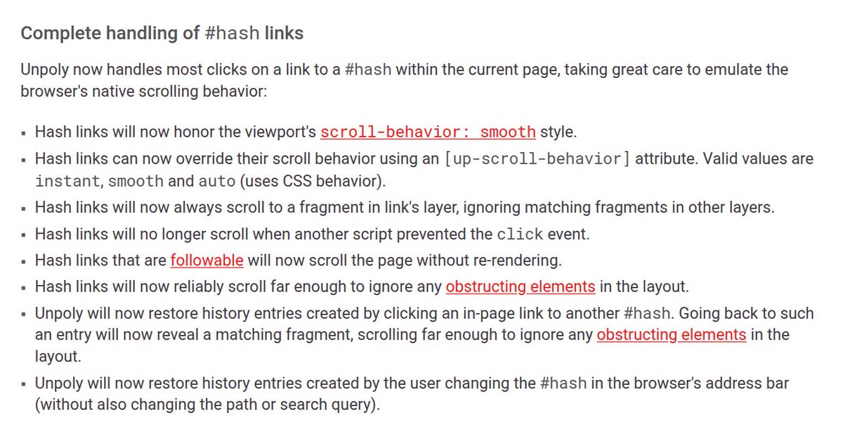 Unpoly now handles most clicks on a link to a #hash within the current page, taking great care to emulate the browser's native scrolling behavior.