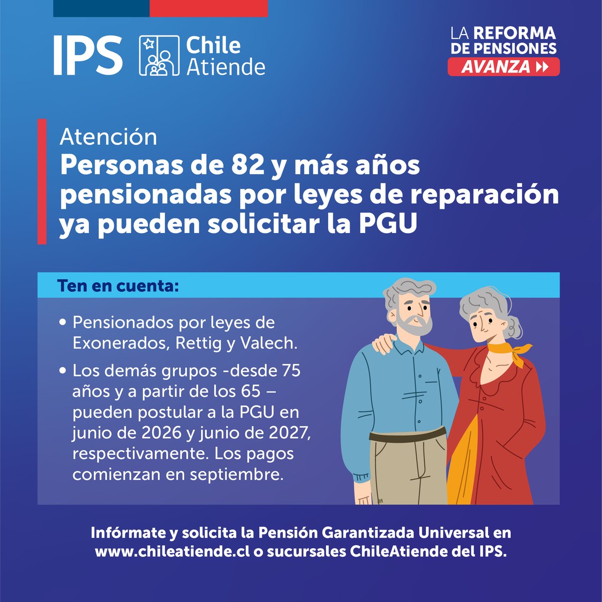💡¿Sabías? Si tienes 82 años o más y recibes una pensión por leyes de reparación, entonces ya puedes solicitar la #PensiónGarantizadaUniversal, #PGU.
☑️Los demás grupos podrán postular en junio de 2026 y junio de 2027.
🔎Revisa los detalles y solicítala➡️ tinyurl.com/bddkjxzn
