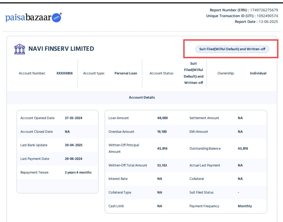 KIRRRAK123's tweet photo. @navifinance 2. I also sent email 10 days ago sharing the screenshot of my credit report as you updated willful defaulter suit filed and I requested for the suit details, but I got a robotic reply saying you cannot see it. That's why I was told to keep a human to recognize things https://t.co/uU9M6deyyp