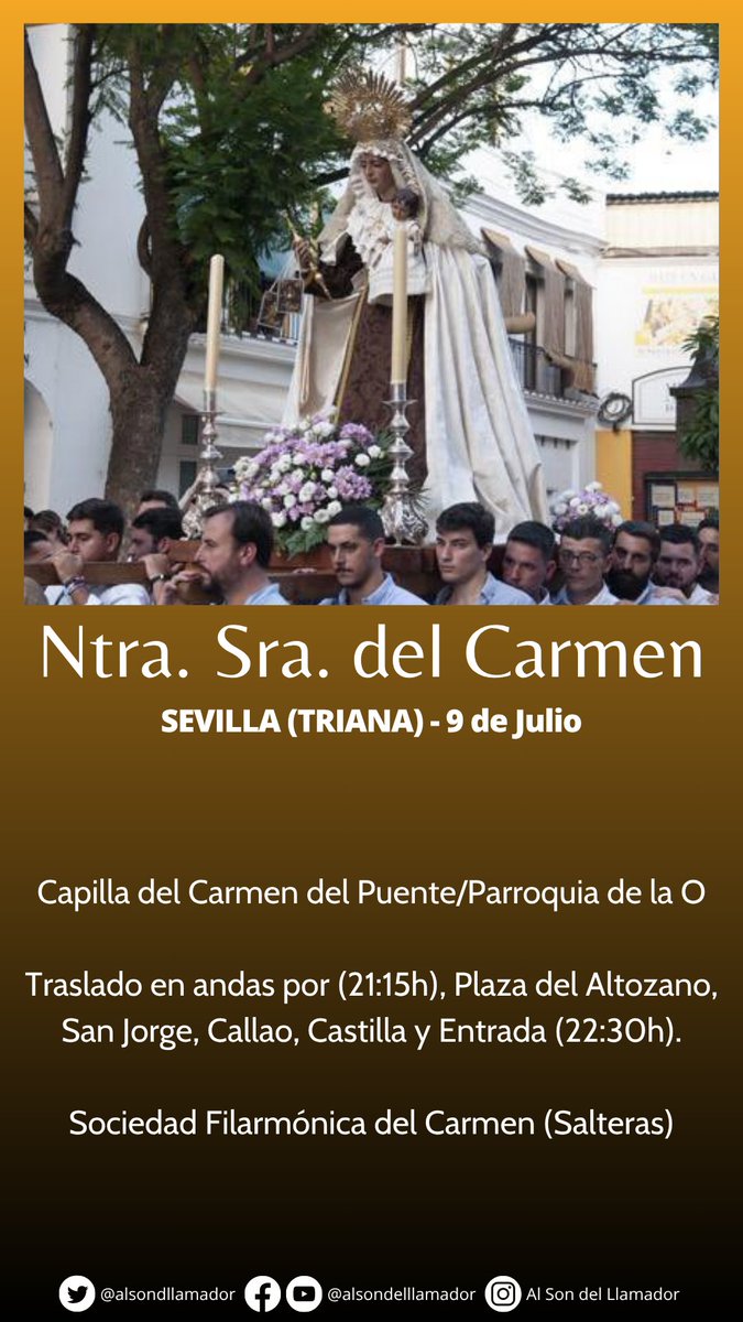 Al Son del Llamador (@alsondllamador) on Twitter photo 🔴 La Virgen del <a href="/CarmendelPuente/">CarmenPuentedeTriana</a> se trasladará en unos minutos hasta la Parroquia de la O para allí celebrar sus cultos. Acompañará <a href="/CarmenDSalteras/">El Carmen de Salteras</a>.
#TDSCofrade #GloriasSevilla25 🔴 La Virgen del <a href="/CarmendelPuente/">CarmenPuentedeTriana</a> se trasladará en unos minutos hasta la Parroquia de la O para allí celebrar sus cultos. Acompañará <a href="/CarmenDSalteras/">El Carmen de Salteras</a>.
#TDSCofrade #GloriasSevilla25