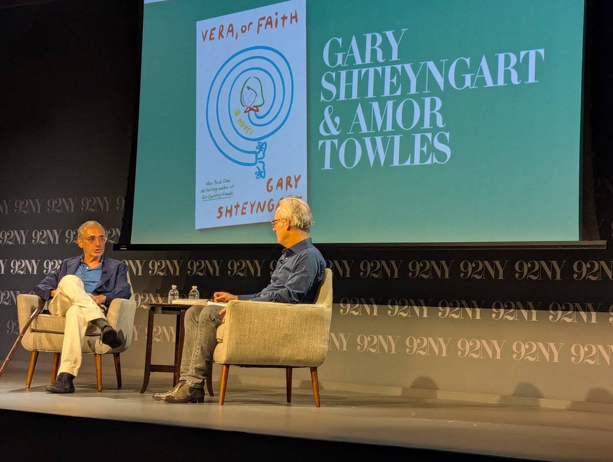jeffjarvis's tweet photo. Last night, I got a front-row seat to hear two favorite authors, @Shteyngart and @amortowles, at the 92nd Street Y. I'm listening to Gary's Vera, or Faith now. It's wonderful. So was their charming conversation. I love these moments when heartland-immigrant me feels so New York. https://t.co/keFp9JqPp9