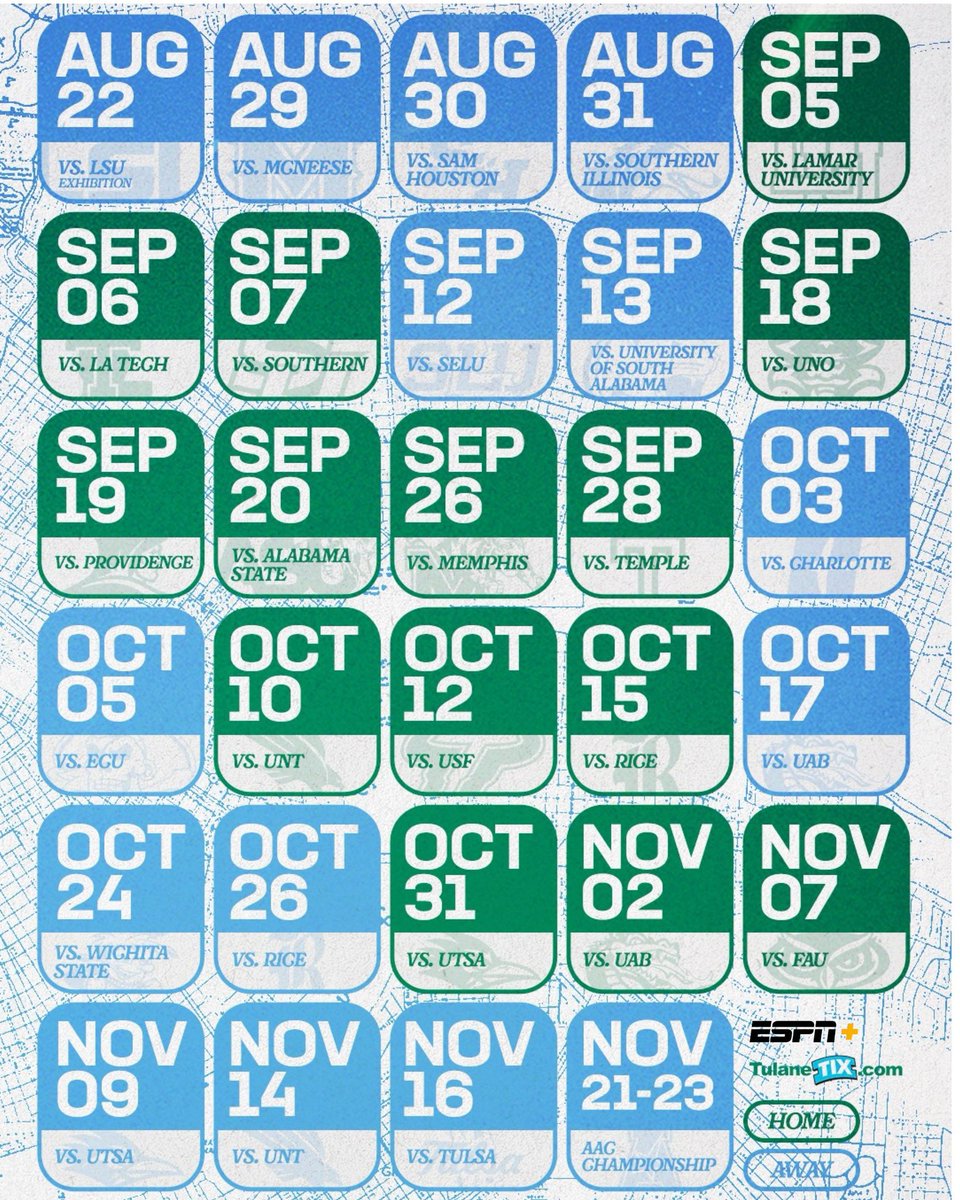 GreenWaveVB's tweet image. Our 2025 schedule is here! 

Can’t wait to get started 🗓️

Grab season tickets at TulaneTix.com 🎟️

All matches will be streaming on ESPN+ 🎥

#RollWave🌊