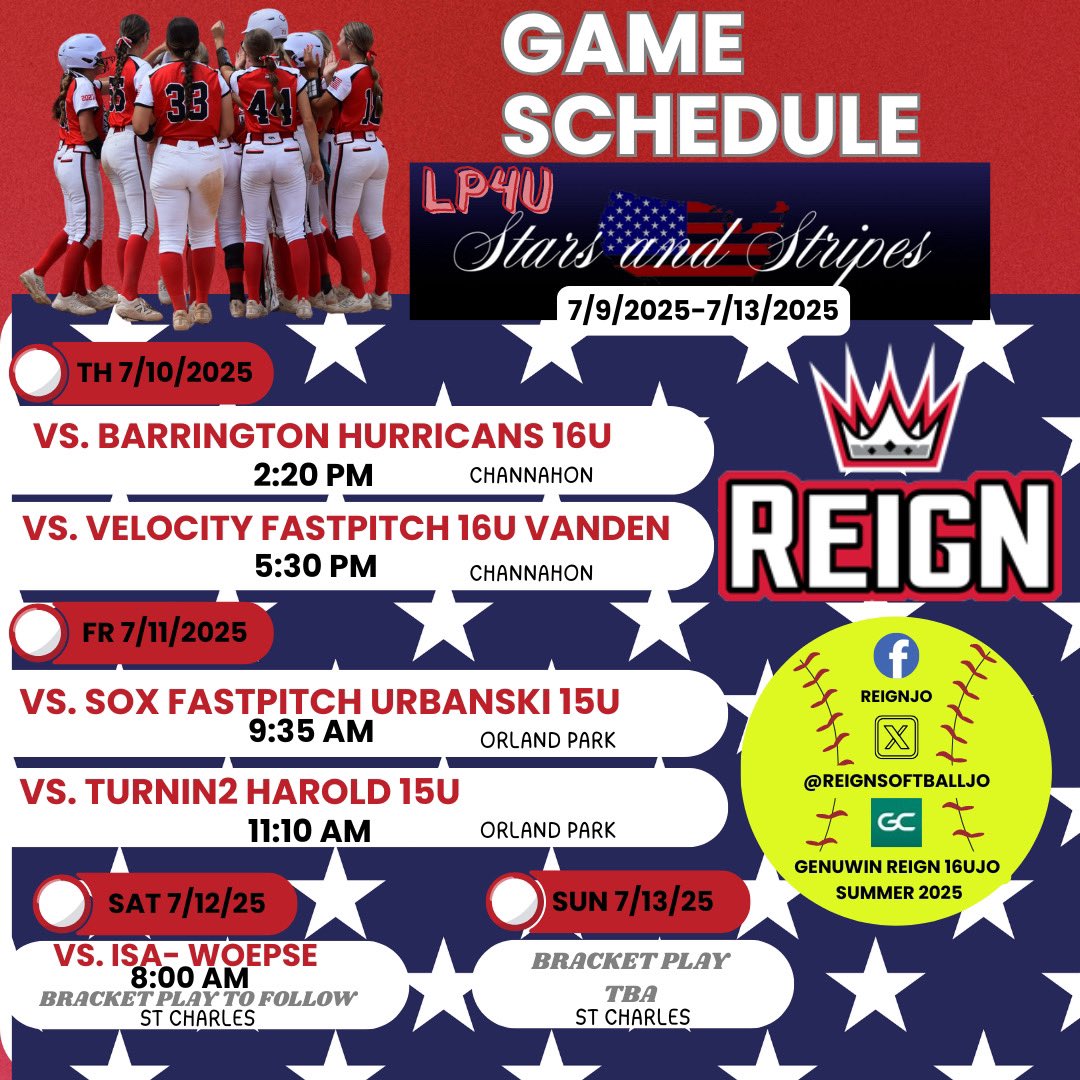 Mia Havrilla (@miahavrilla10) on Twitter photo Come check us out! Here is our schedule for the LP4U Stars and Stripes tournament this weekend ⬇️⬇️⬇️
<a href="/GenuWinReign/">GenuWin Reign</a>
<a href="/reignsoftballJO/">GenuWinReign16uJO</a>
<a href="/ExtraInningSB/">EXTRA INNING SOFTBALL</a>
<a href="/D1Softball/">D1Softball</a>
<a href="/SBRRetweets/">Softball Recruiting Reposts</a>
<a href="/NCAASoftball/">NCAA Softball</a>
<a href="/TopPreps/">SPORTS NEWS, VIDEOS, GRAPHICS, EXPOSURE & MORE</a>
<a href="/Vol_Softball/">Tennessee Softball</a>
<a href="/tagupSoftball/">tagup</a> Come check us out! Here is our schedule for the LP4U Stars and Stripes tournament this weekend ⬇️⬇️⬇️
<a href="/GenuWinReign/">GenuWin Reign</a>
<a href="/reignsoftballJO/">GenuWinReign16uJO</a>
<a href="/ExtraInningSB/">EXTRA INNING SOFTBALL</a>
<a href="/D1Softball/">D1Softball</a>
<a href="/SBRRetweets/">Softball Recruiting Reposts</a>
<a href="/NCAASoftball/">NCAA Softball</a>
<a href="/TopPreps/">SPORTS NEWS, VIDEOS, GRAPHICS, EXPOSURE & MORE</a>
<a href="/Vol_Softball/">Tennessee Softball</a>
<a href="/tagupSoftball/">tagup</a>