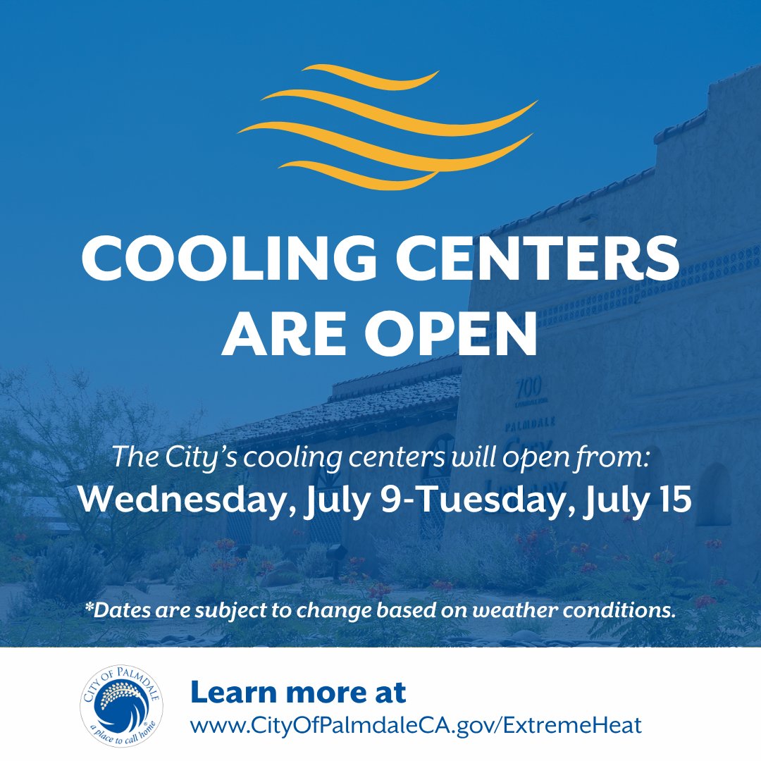 PalmdaleCity's tweet image. Cooling Centers are opening soon! ☀️❄️
The City is opening its cooling centers for the heatwave this week from Wednesday, July 9, through Tuesday, July 15.
Check out these locations if you need a cool place to chill:
📍Palmdale City Library, 700 E. Palmdale Blvd., daily from…