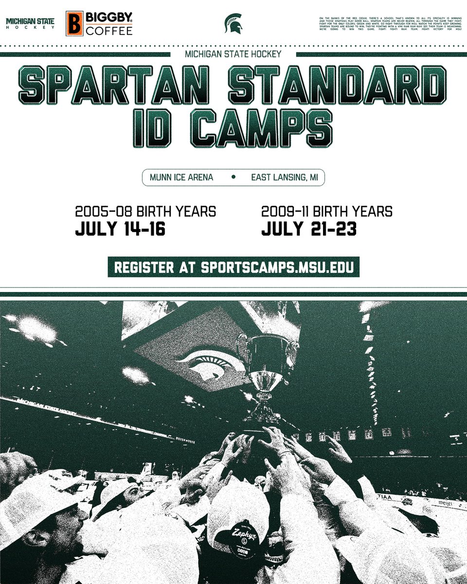 MSU_Hockey's tweet image. We still have a few spots left at our July 14-16 and July 21-23 ID Camps powered by Biggby!
Goalie spots have been sold out for the July 14-16 camp.
Head to hockeycampsmsu.com for more information!
#GoGreen