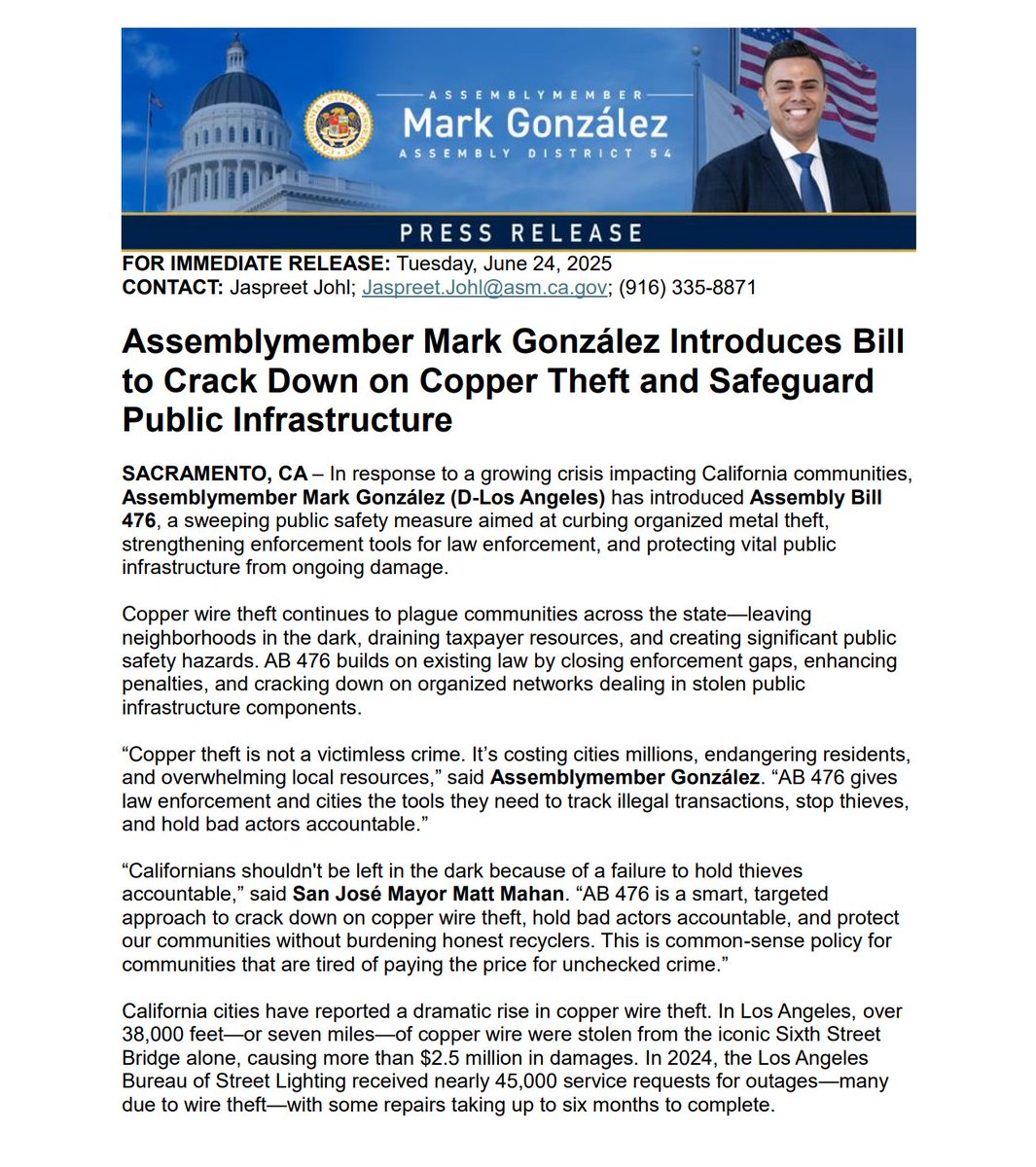 EVCAssociation's tweet photo. EVCA is proud to co-sponsor #AB476 with @AsmMarkGonzalez. By addressing a key driver of repeated equipment damage, AB 476 helps safeguard public investment and safeguards the transition to clean mobility across the state.⚡🔌🚗
 #CleanTransportation #EVCharging #StopCopperTheft https://t.co/VuphioTslS