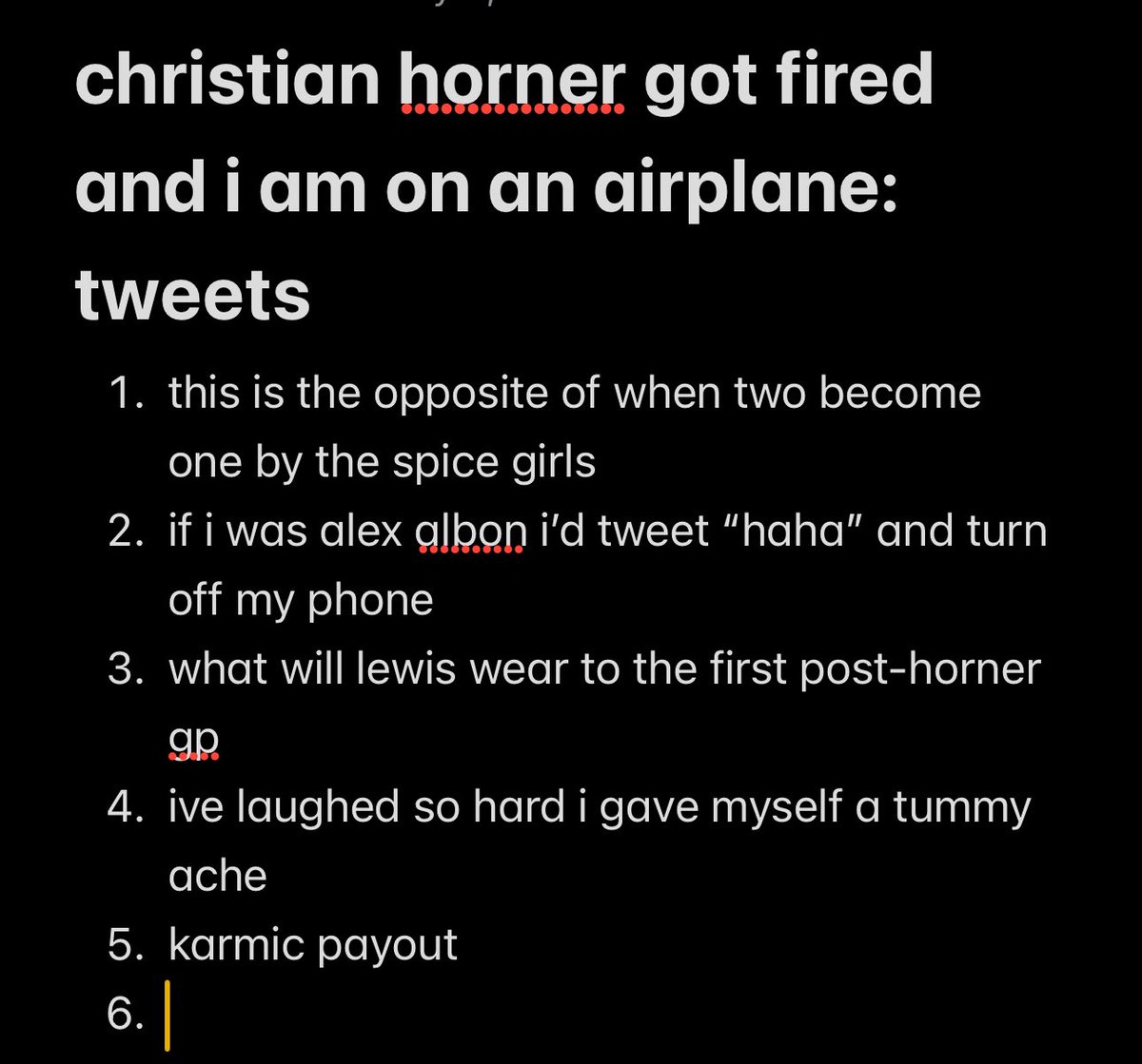 wifeguyonwheels's tweet photo. horner got fired as i was stepping onto an airplane and i drafted some posts i’d like to fire off https://t.co/1s5mLRIrtZ