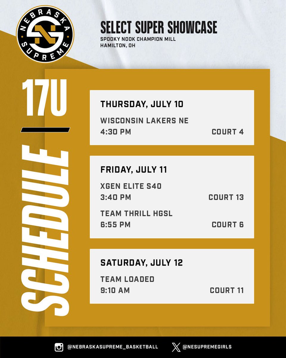 Come check out our S40 Benedetto, S40 Dolliver, 16’s and 17’s in the Select Super Showcase on our first stop of our trip to Hamilton Ohio‼️

Schedules for our teams in the S40 Session II will be posted Friday🏀