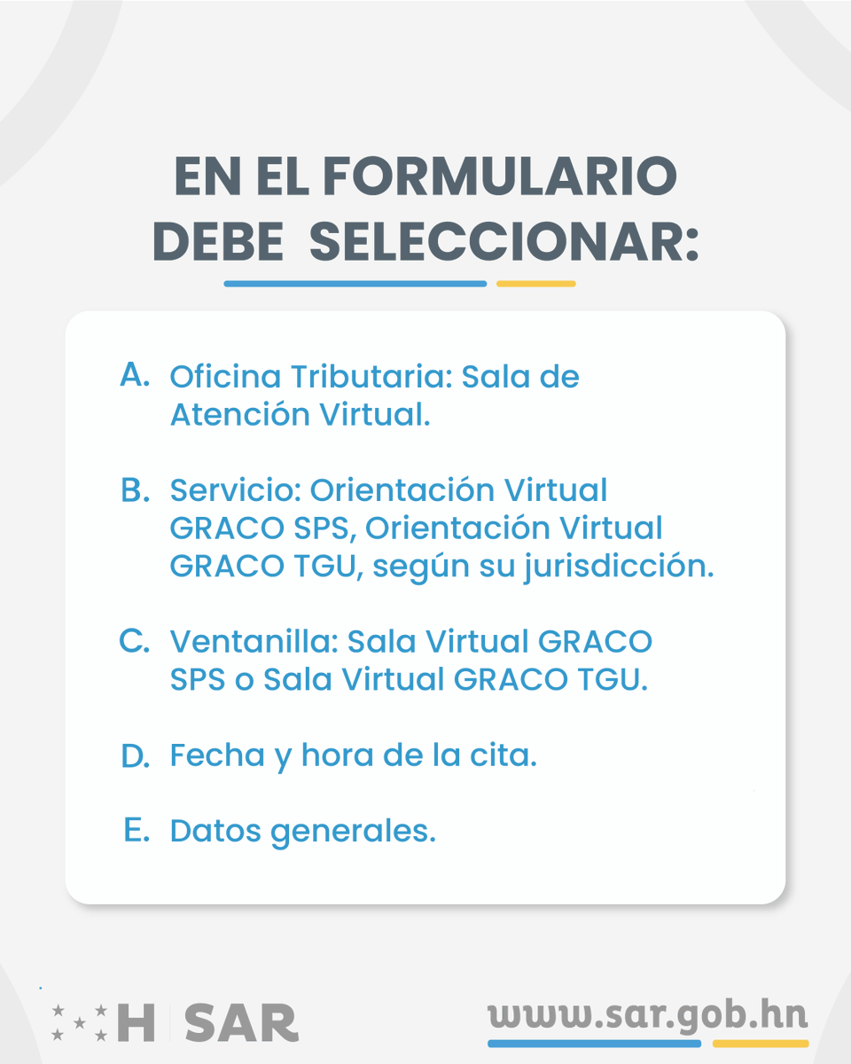 🙋🏻‍♀️⁉️ ¿Tiene consultas sobre sus declaraciones tributarias?

💻El SAR le ofrece atención personalizada a través de citas virtuales para apoyar con el acompañamiento que necesite desde cualquier lugar. 🌎

🗓️ Reserve su espacio aquí: sar.gob.hn/citas-sar/