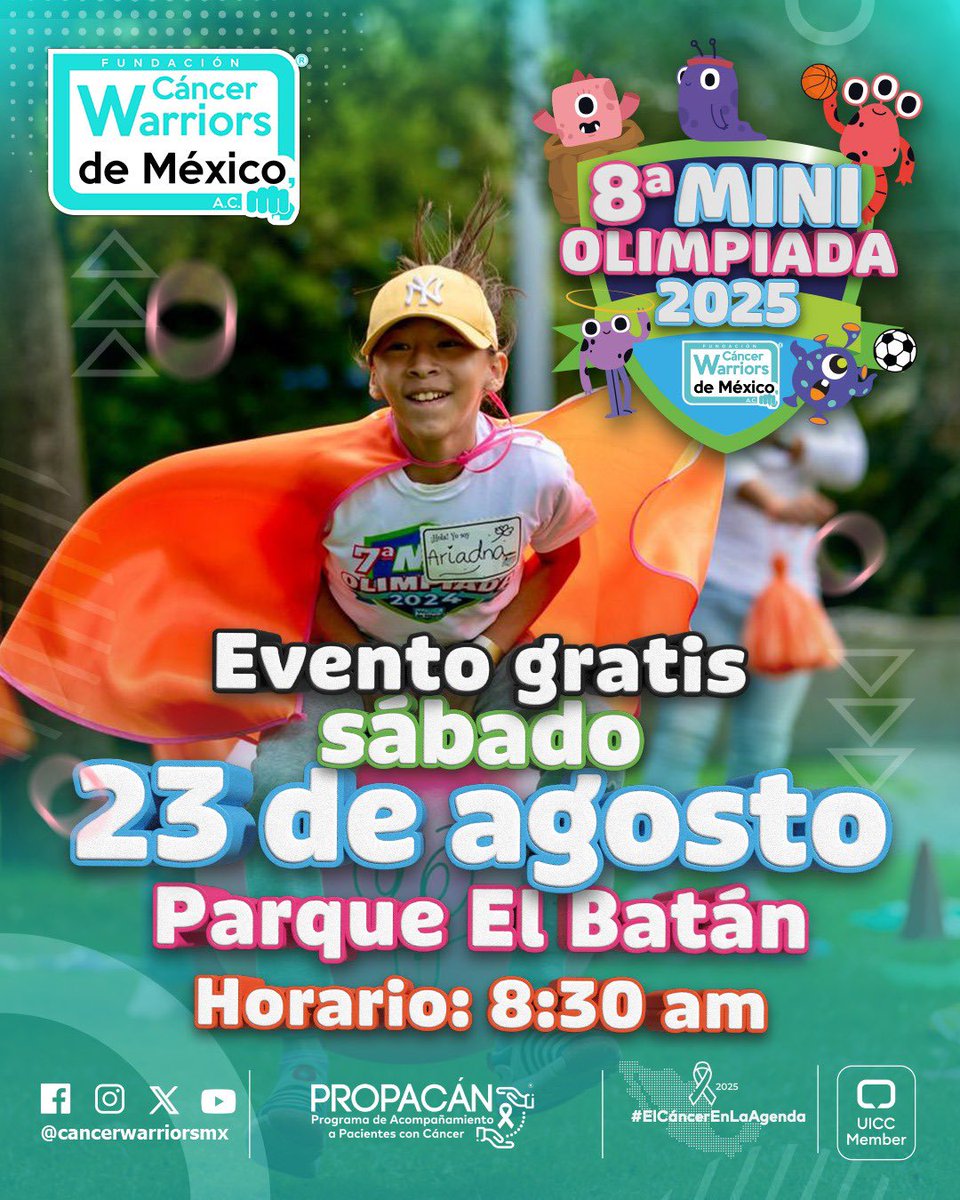 🎉 Nuestra 8ª #MiniOlimpiada para niñas y niños diagnosticados con #cáncer y sus familias, ¡está cada vez más cerca! 🏅💙

🗓️ El próximo #sábado 23 de agosto te esperamos en el Parque #ElBatán, en el sur de la #CiudadDeMéxico, a quien agradecemos por abrirnos sus puertas, como en