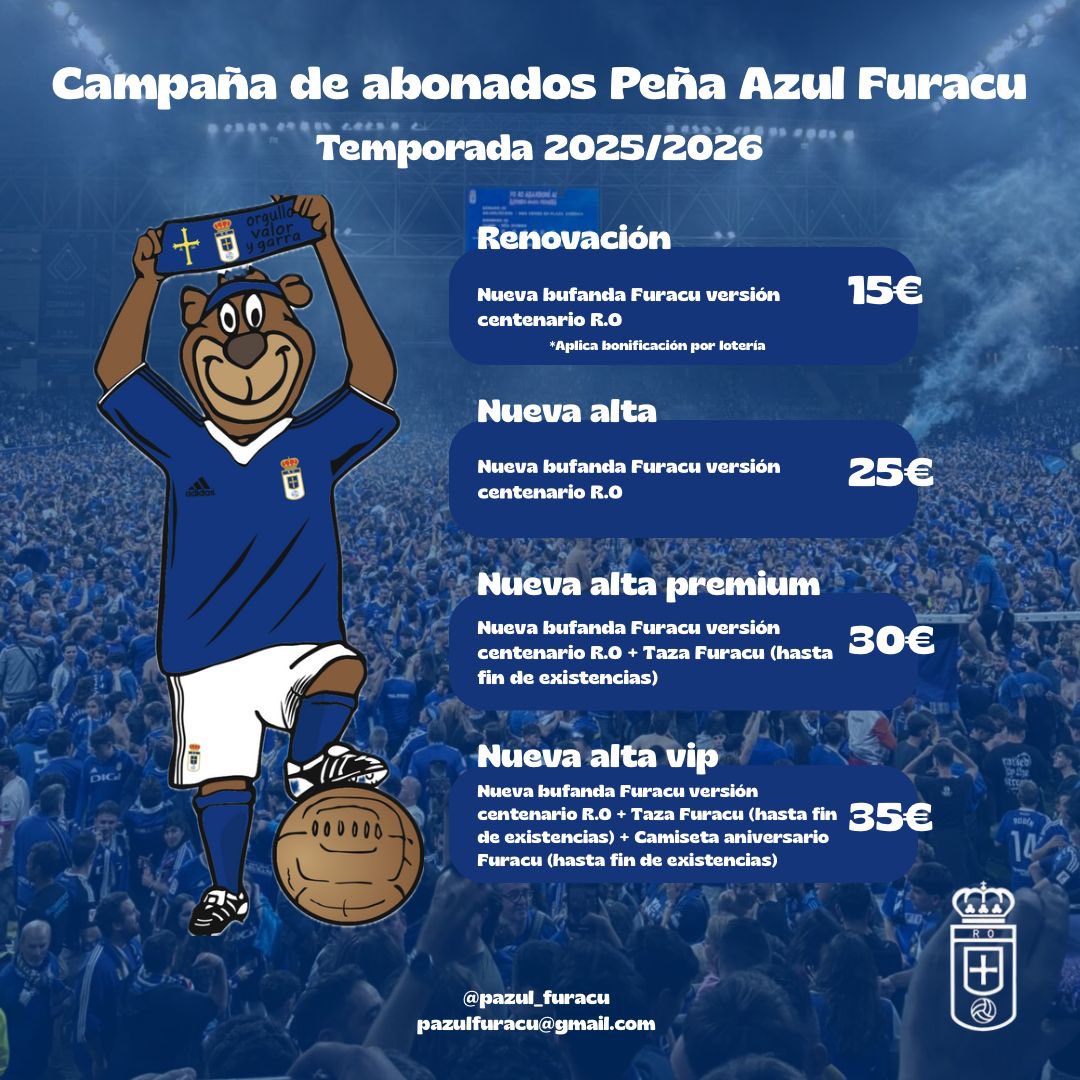 Campaña de abonados Peña Azul Furacu

Renovación: 15 euros 

Nueva alta: 25 euros 

Nueva alta premium: 30 euros 

Nueva alta vip: 35 euros