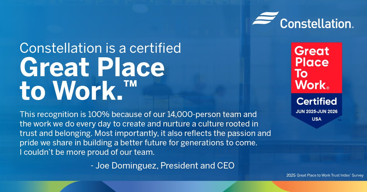ConstellationEG's tweet image. It’s a three-peat! For the third year in a row, Constellation is a certified @GPTW_US, a true testament to our people and the inclusive, empowering culture we’ve built together. Learn more about the recognition: bit.ly/3GACo3i