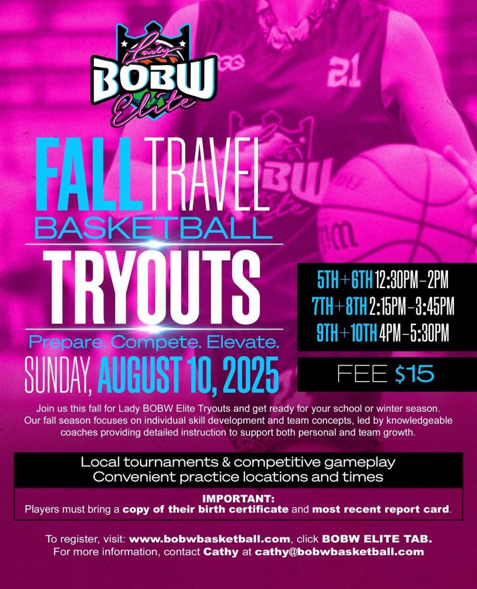 BobwElite's tweet photo. 🏀 BOBW Elite &amp; Lady BOBW Elite Fall Tryouts 📅 Aug 9–10 | Grades 5–9 📍Structured practices, elite coaching, competitive schedule
🔥 Boys – Sat, Aug 9 💥 Girls – Sun, Aug 10
📩 info@bobwbasketball.com #bobwelite #ladybobwelite #fallhoops #familyallin #elitebasketball https://t.co/DbzLXNfE3D