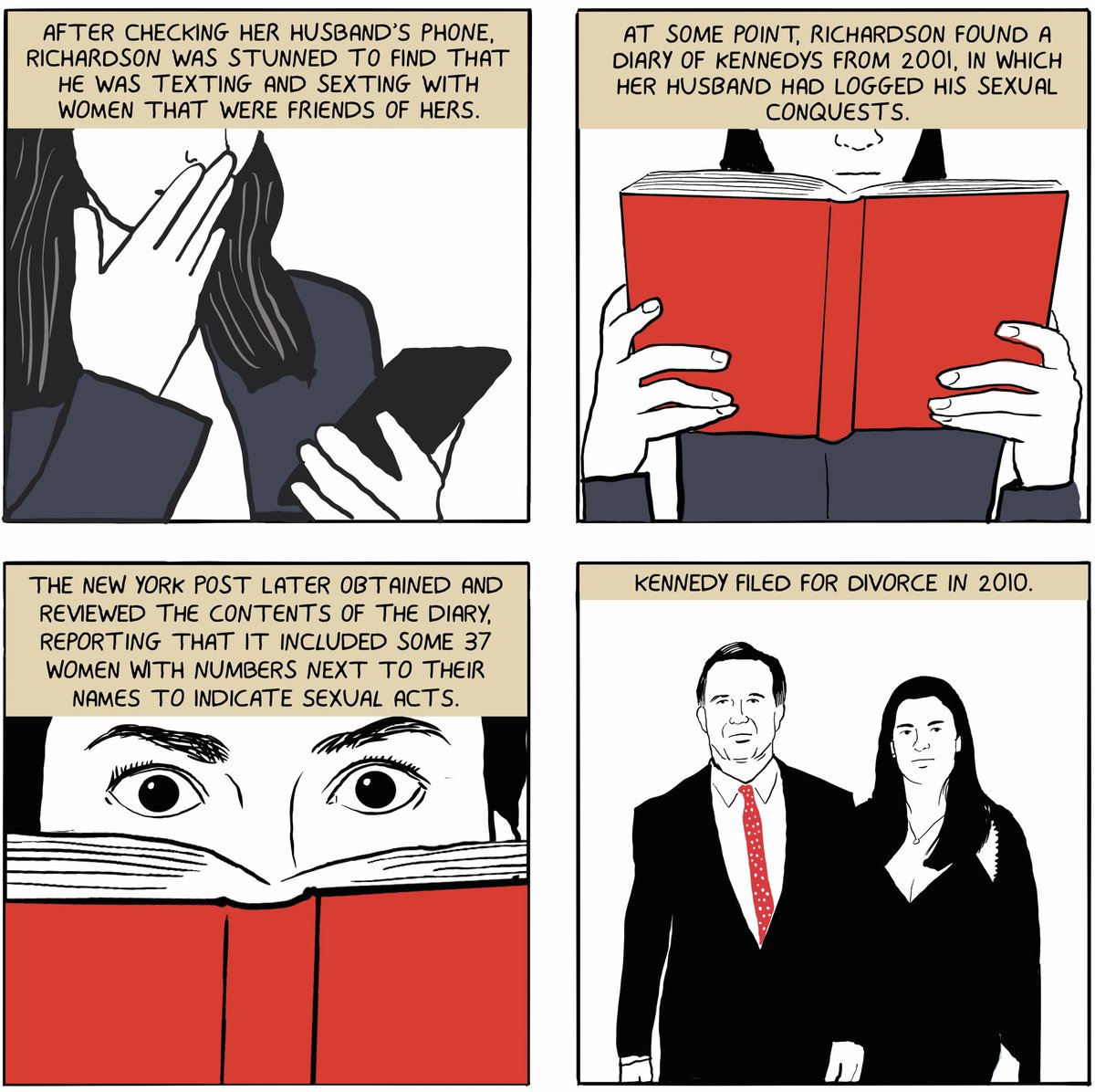AcmeDarryl's tweet image. Panels from a comic about RFK jr i’m working on. This is a from a section about his second wife, Mary Richardson, who committed suicide in 2012.