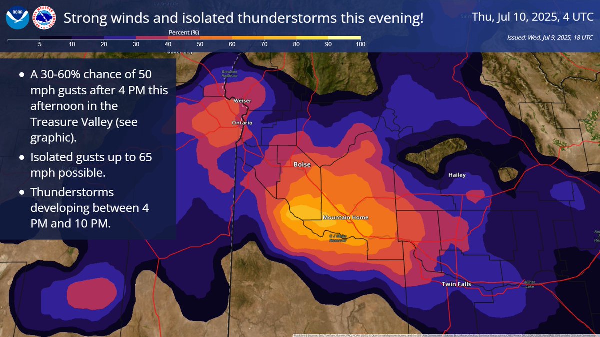 Heads up, Treasure &amp; Western Magic Valleys! 🌬️⛈️

Strong winds are expected this afternoon/evening (4 PM - 10 PM), with gusts of 50-65 mph and areas of blowing dust. See graphic below for the probability of 50 mph gusts.  
Isolated t-storms are also possible with brief heavy rain