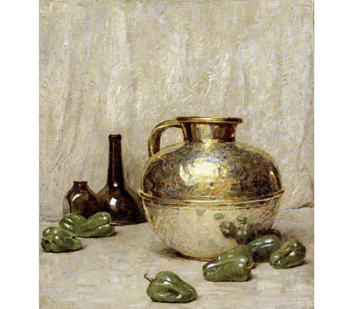 Oil painting by Soren Emil Carlsen ((1853-1853),  'Still Life with Green Peppers and Jug.' Carlsen was an American Impressionist painter who emigrated to the United States from Denmark.