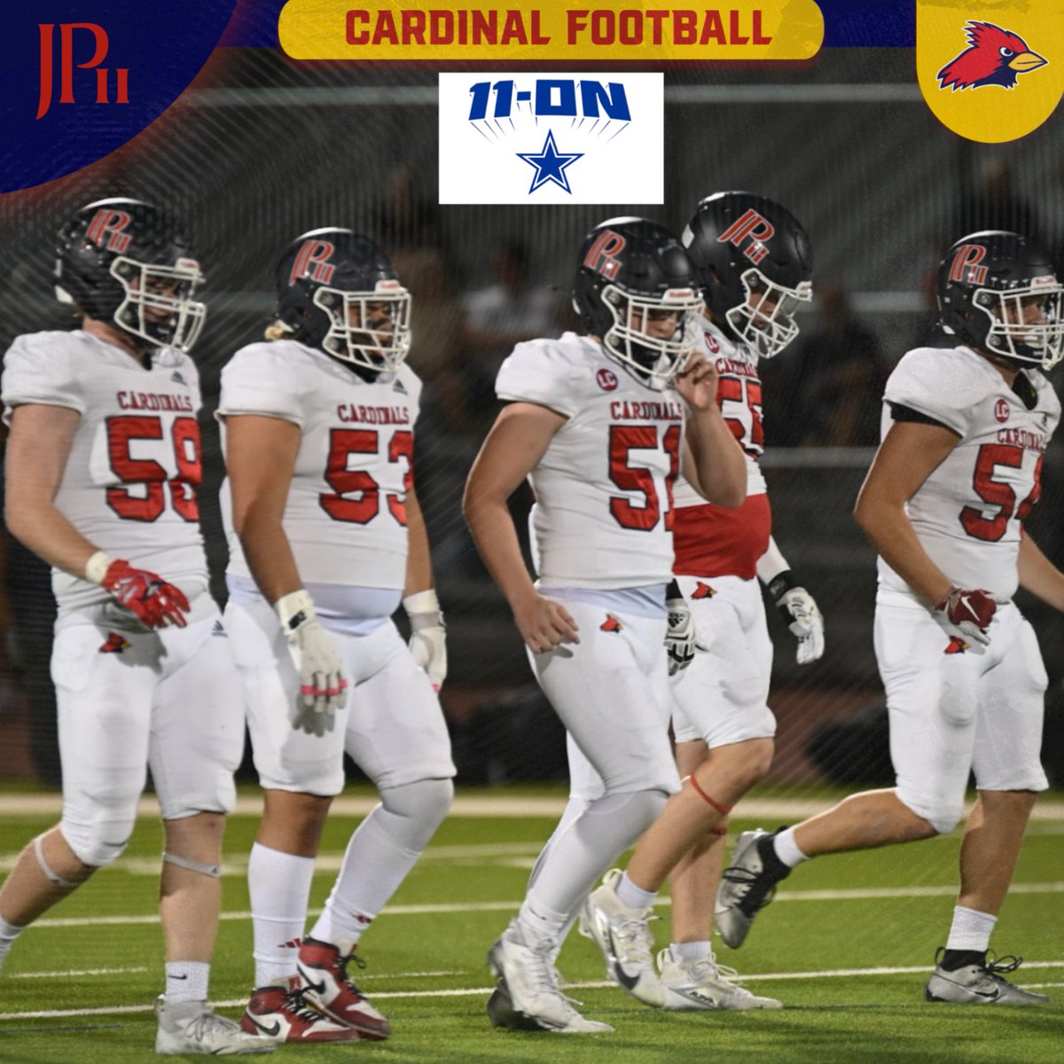 The John Paul II Football Program has earned the distinguished honor of being the only private school invited to participate in the Cowboys Nike 11-On Skills event, taking place this Friday, July 11th, at the Ford Center at The Star in Frisco. Let's go Cards!!
