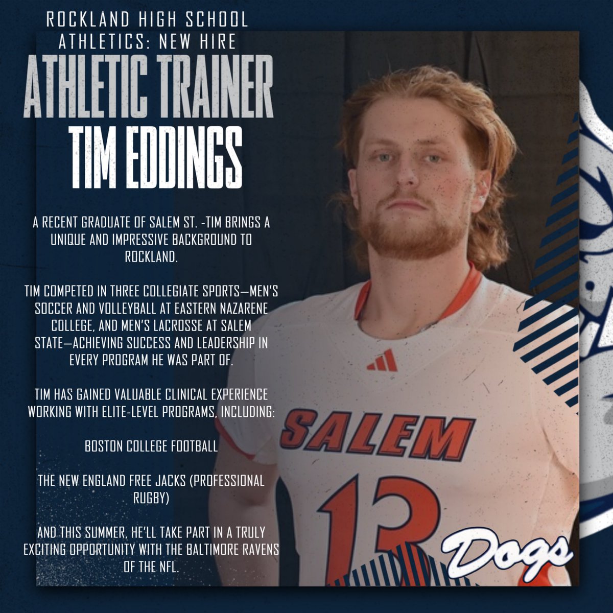 🚨New Hire🚨

We’re thrilled to welcome Tim as our new Athletic Trainer! A 3-sport college athlete (soccer &amp; volleyball @ENC, lacrosse @SalemSt), Tim brings elite experience with BC Football, the NE Free Jacks &amp; soon—the Baltimore Ravens! He joins us after camp in August!