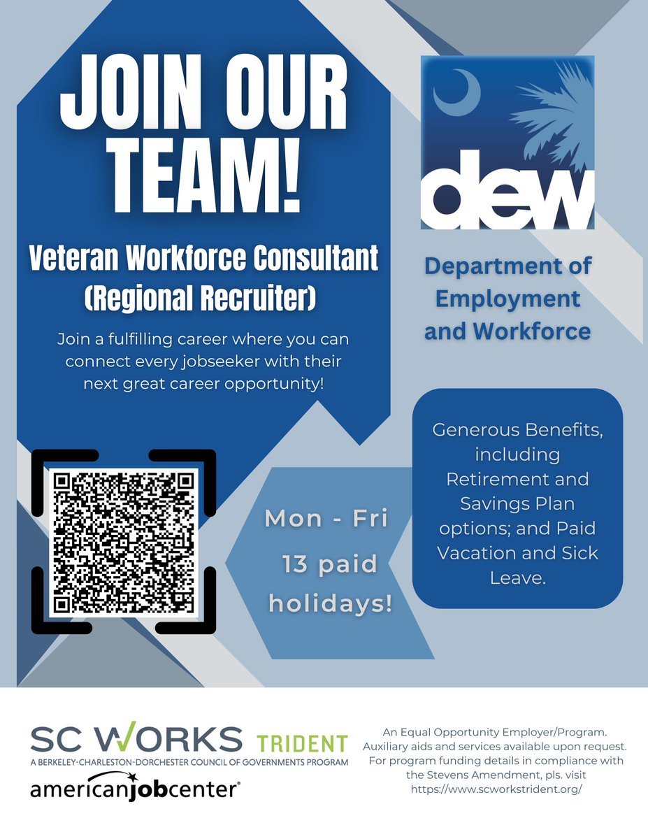 SC DEW is looking for a Veteran Business Consultant (Trident Regional Recruiter) to make an impact across Berkeley, Charleston, and Dorchester counties.