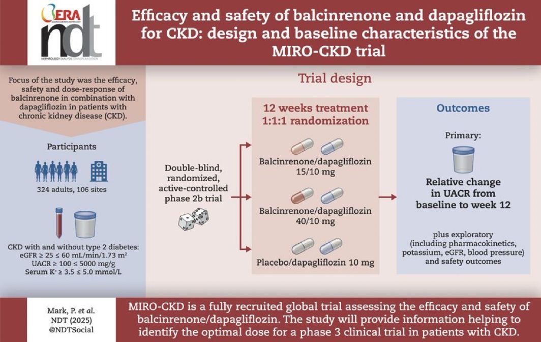 Efficacy and safety of balcinrenone and dapagliflozin for CKD: design and baseline characteristics of the MIRO-CKD trial

MIRO-CKD is a fully recruited global trial enrolling a contemporary CKD population at increased risk of progression and with an increased risk of