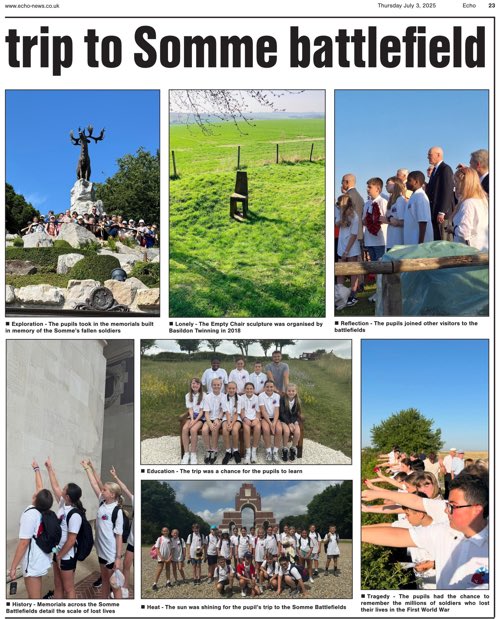 Greensted Primary School & Nursery (@greenstedpri) on Twitter photo Lovely article in the Basildon Echo, highlighting the Year 6’s amazing trip to the Somme - days of history, culture and a special ceremony at Lochnagar Crater to pay our respects to the memory of the fallen in WW1 🏴🇫🇷#lestweforget🌹 #historycomesalive <a href="/BasildonTwin/">BasildonTwinning</a> Lovely article in the Basildon Echo, highlighting the Year 6’s amazing trip to the Somme - days of history, culture and a special ceremony at Lochnagar Crater to pay our respects to the memory of the fallen in WW1 🏴🇫🇷#lestweforget🌹 #historycomesalive <a href="/BasildonTwin/">BasildonTwinning</a>