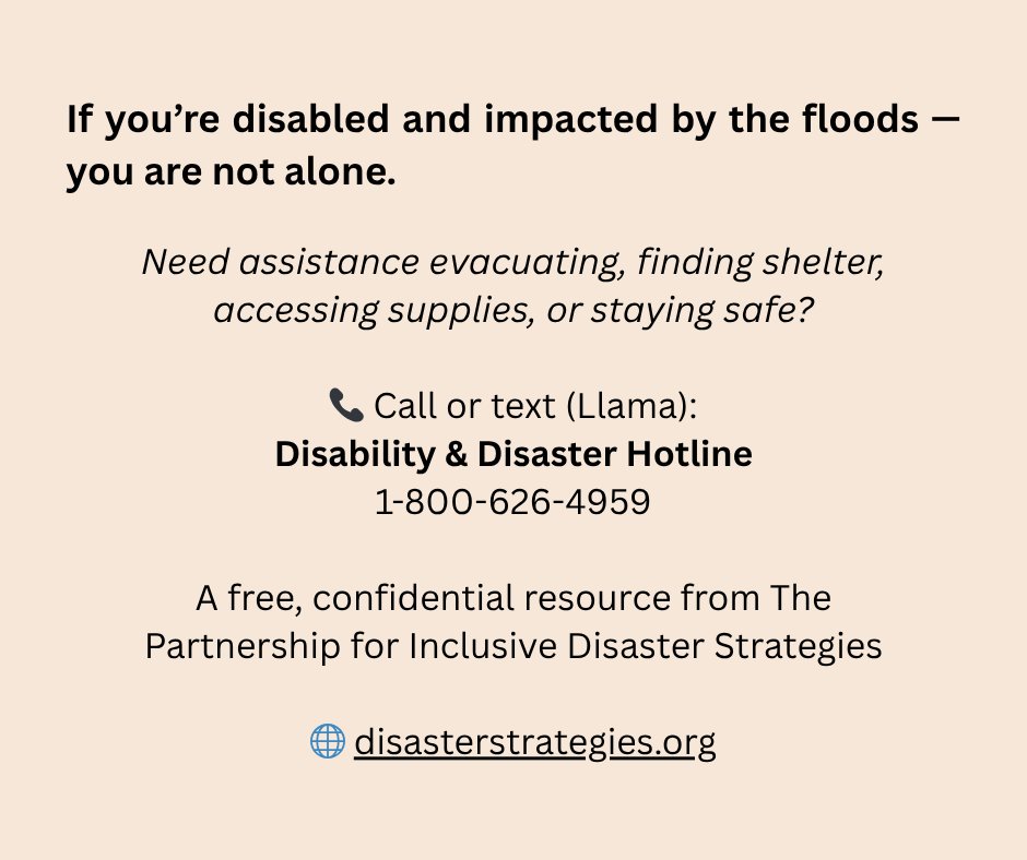 disasterstrat's tweet image. We are devastated by the destruction and loss caused by the flash floods in Texas, New Mexico, Illinois, and North Carolina. Climate change is making hazards more frequent and severe, putting disabled lives and marginalized people at greater risk.