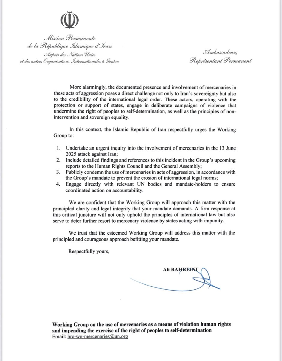 PMIRAN_GENEVA's tweet image. 🇮🇷Iran to the UNOG, has formally communicated with the #UN Working Group on the use of mercenaries; concerning the #Israeli regime’s cruel war crime—including the targeted assassination of #Iranian nuclear scientists, senior military officers, and civilians. The letter outlines…