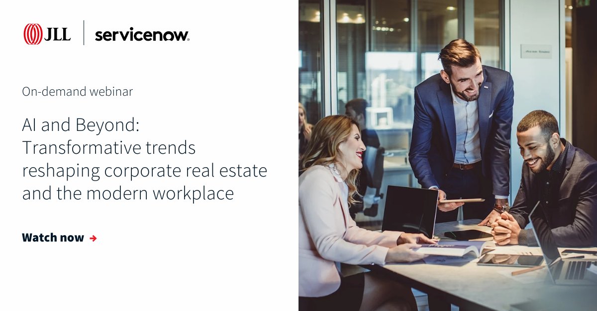 JLL Technologies (@jlltechnologies) on Twitter photo What trends are reshaping corporate real estate?
Find out in the latest on-demand webinar hosted by <a href="/JLL/">JLL</a> and <a href="/ServiceNow/">ServiceNow</a>. 
Watch now: co.jll/4lh2c3x
#WorkplaceTechnology #CRE #AI What trends are reshaping corporate real estate?
Find out in the latest on-demand webinar hosted by <a href="/JLL/">JLL</a> and <a href="/ServiceNow/">ServiceNow</a>. 
Watch now: co.jll/4lh2c3x
#WorkplaceTechnology #CRE #AI