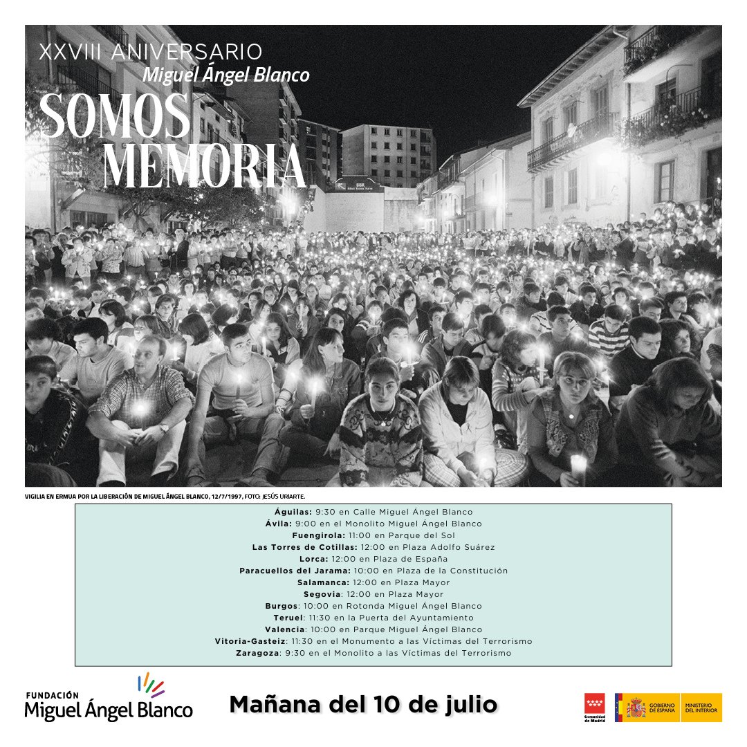 Hoy tenemos muchos actos programados. Os dejamos un pequeño recordatorio de los que se realizarán esta mañana. A las 16:00 se publicarán los que están preparados para la tarde.

¡Acércate y ayúdanos a mantener viva la memoria de Miguel Ángel Blanco!

Recuerda que tienes todos los