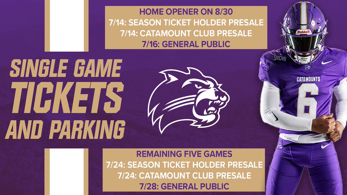 Catamounts's tweet image. Counting down the days until gameday in The Whee! Here are the dates our single game tickets and parking will go on sale! Purchase by calling the WCU ticket office or going to catamountsports.com
