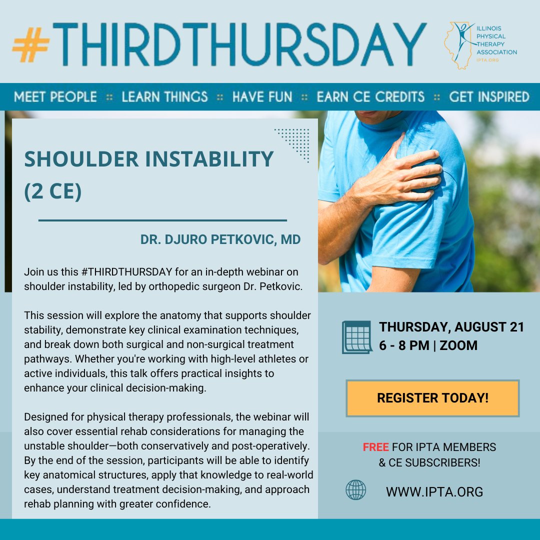 Join us, for our next #THIRDTHURSDAY taking place on Thursday, August 21st we welcome orthopedic surgeon, Dr. Djuro Petkovic, MD to share knowledge and expertise on "Shoulder Instability".
 
LEARN MORE &amp; RSVP: ipta.org/event/Aug2025T…