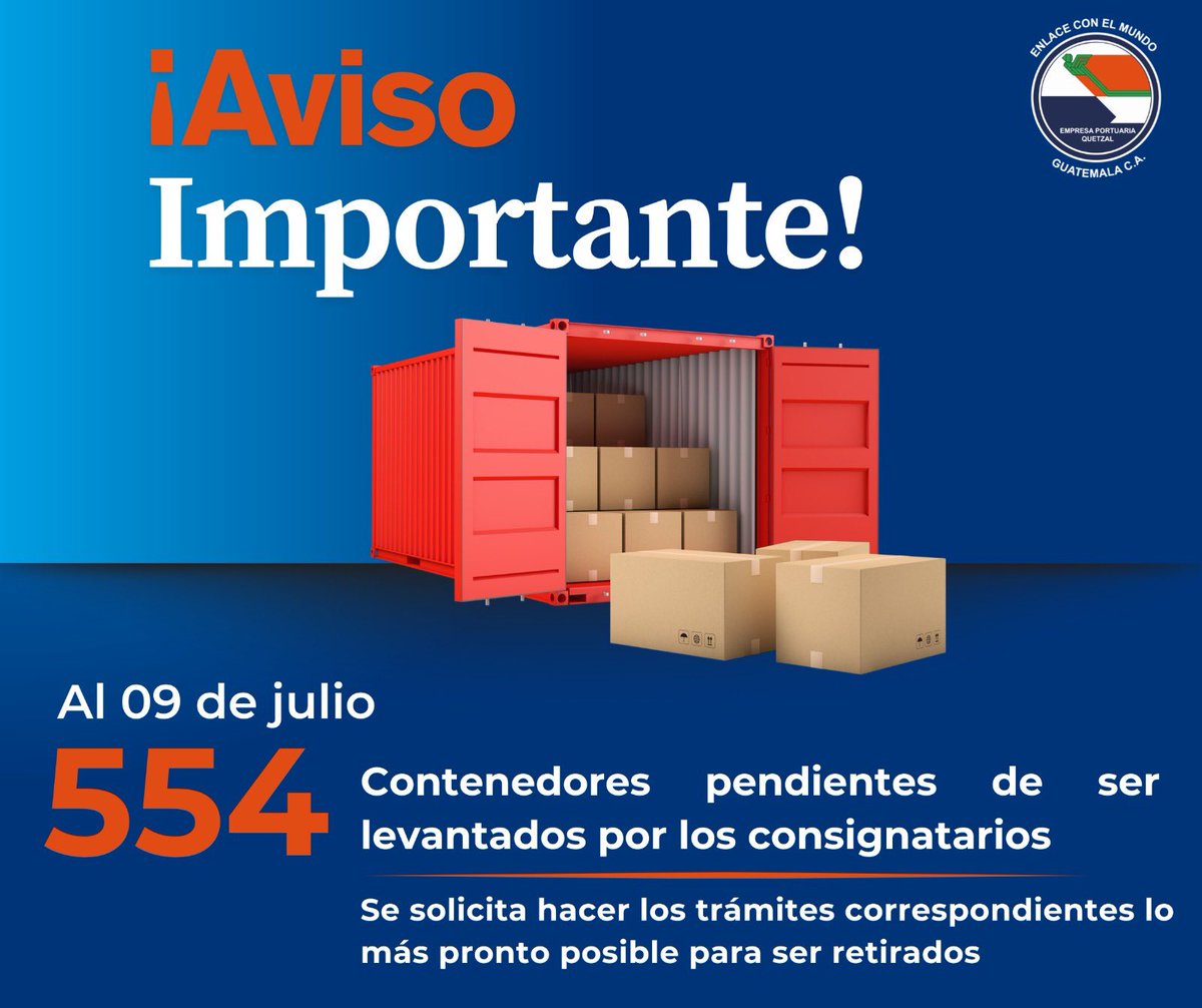 🔔Recuerda realizar los trámites correspondientes con tu transportista para agilizar la salida de los contenedores de puerto🔔  
<a href="/industriaguate/">Cámara de Industria de Guatemala</a> <a href="/CamComercioGT/">Cámara de Comercio de Guatemala</a>