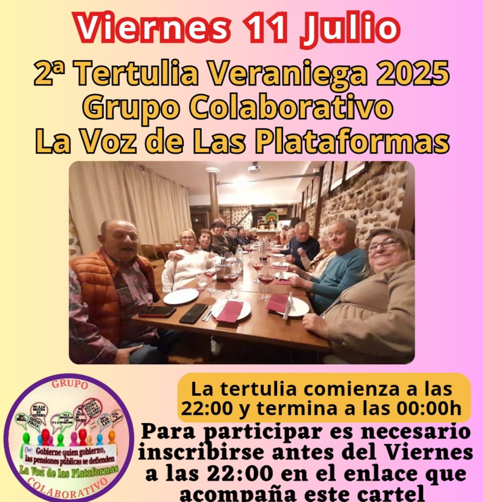 Mov. Defensa Pensions Públicas e do publico Lugo (@modepenl) on Twitter photo #TertuliaVeraniega
*2ª Tertulia Veraniega 2025 Grupo Colaborativo La Voz de Las Plataformas*
Inscríbase en el enlace👇🏻👇🏻👇🏻👇🏻
*us02web.zoom.us/meeting/regist…*
Recibirá E-mail para unirse
<a href="/pensionazo_no/">G. C. LA VOZ de LAS PLATAFORMAS</a>
<a href="/PorLaUnidadPens/">@PorLaUnidadSocial</a>
<a href="/LaVozenIgualdad/">La Voz de las Plataformas por la igualdad.</a> #TertuliaVeraniega
*2ª Tertulia Veraniega 2025 Grupo Colaborativo La Voz de Las Plataformas*
Inscríbase en el enlace👇🏻👇🏻👇🏻👇🏻
*us02web.zoom.us/meeting/regist…*
Recibirá E-mail para unirse
<a href="/pensionazo_no/">G. C. LA VOZ de LAS PLATAFORMAS</a>
<a href="/PorLaUnidadPens/">@PorLaUnidadSocial</a>
<a href="/LaVozenIgualdad/">La Voz de las Plataformas por la igualdad.</a>