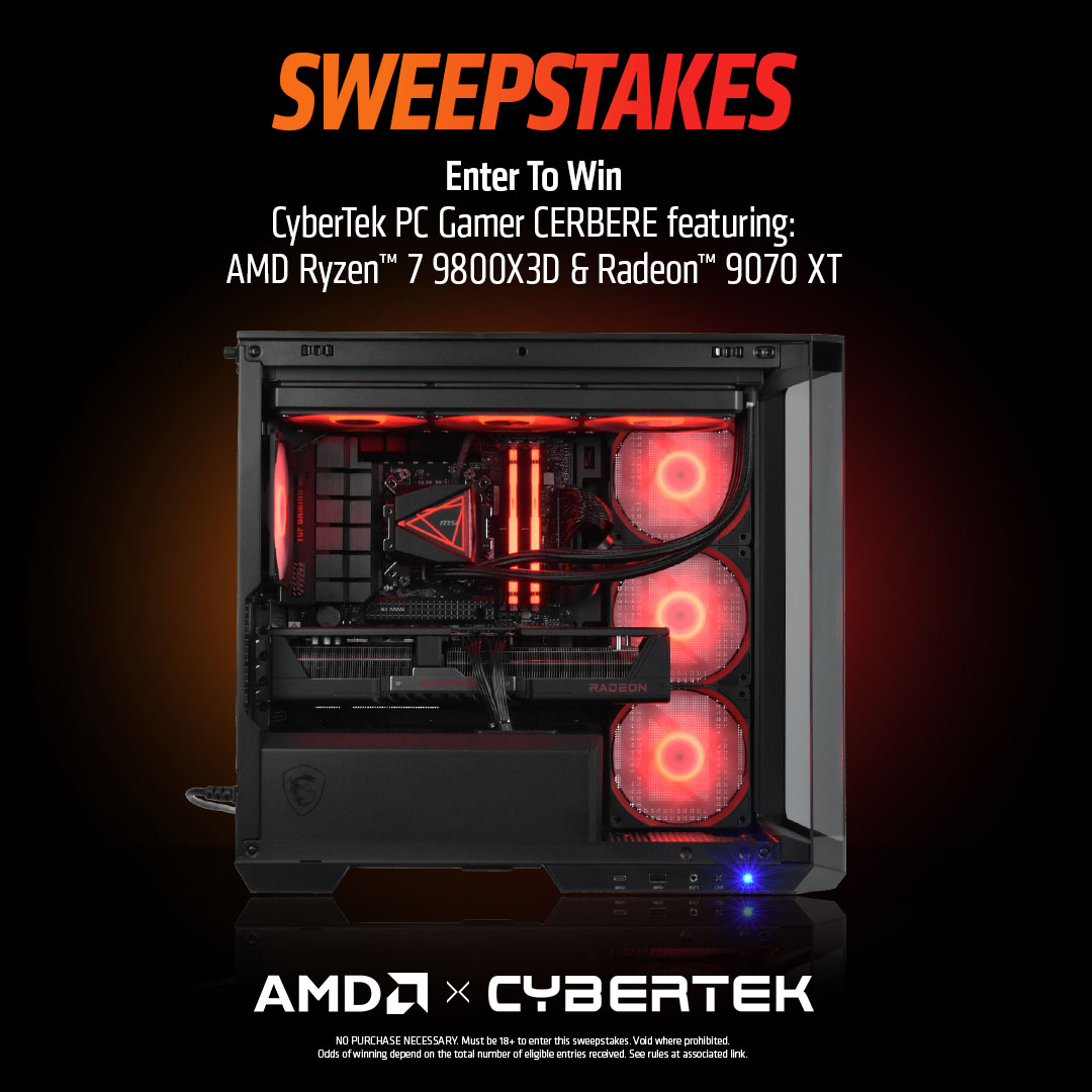 AMDGaming's tweet image. Enter for your chance to win a Cybertek CERBERE PC powered by AMD!
We’ve partnered with @cybertek_fr to give away an awesome rig equipped with an AMD Ryzen™ 7 9800X3D and an AMD Radeon™ RX 9070 XT.
Locations eligible: France Only
Enter here: bit.ly/4lJB9xR