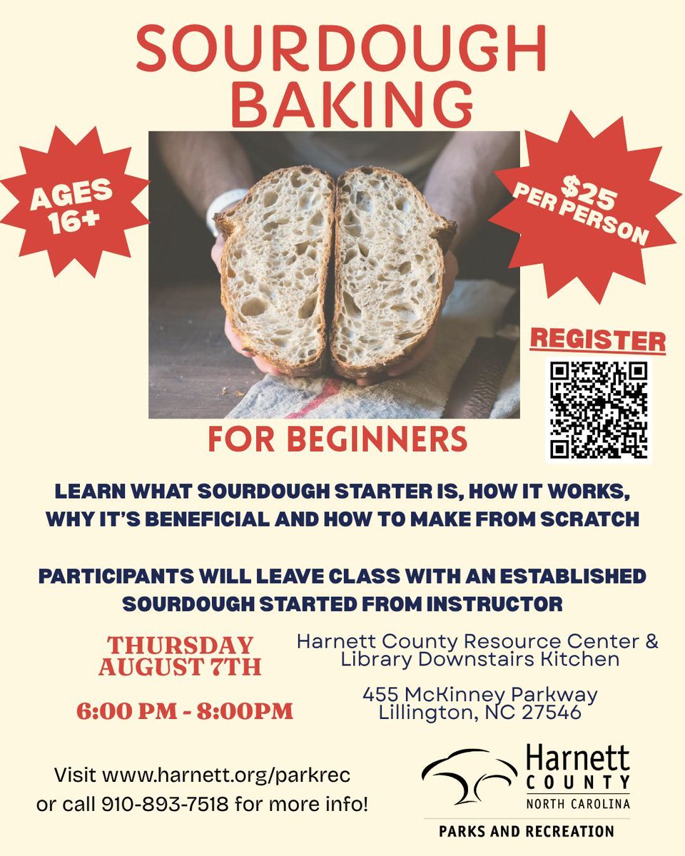 HarnettCoParks's tweet image. 🍞 👩🍳
Fall in Loaf at First Sight with our Sourdough Baking for Beginners Class!
📅 Thursday, August 7, 2025
🕕 6-8 PM
Registration begins Friday, July 11 at 9 AM and spots will go fast! Register by visiting harnett.org/parkrec/sourdo… or calling 910-893-7518!