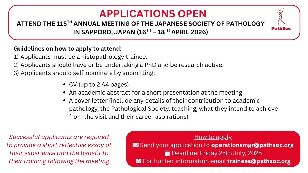 pathsoc's tweet image. 🚨 Histopathology Trainees! 🚨
@PathSoc is funding 1 trainee to attend the 115th Annual Meeting of @JSpathology in Sapporo, Japan 🇯🇵
|16–18 Apr 2026|
Don’t miss this chance to represent UK pathology on an international stage 🌍
Info below ⬇️ #Pathology #PathSoc #JSpathology