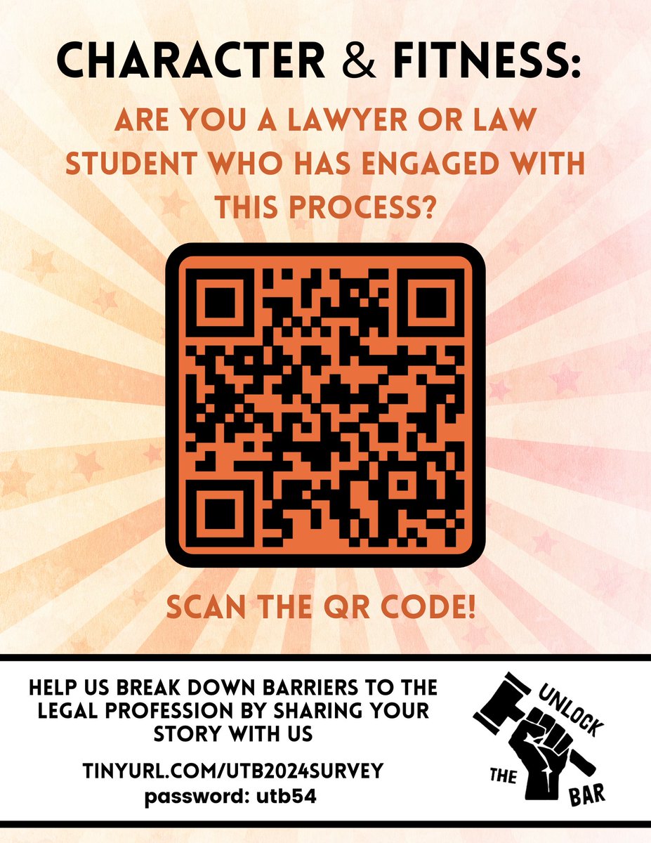 UnlockTheBarNY's tweet photo. We are still looking for your stories! Our success in investigating the character and fitness process depends on hearing from as many of you as possible. Take the survey and share this link far and wide. Let's make the profession more accessible for all!
https://t.co/dkWImmWXox https://t.co/1xvbs4l3h1