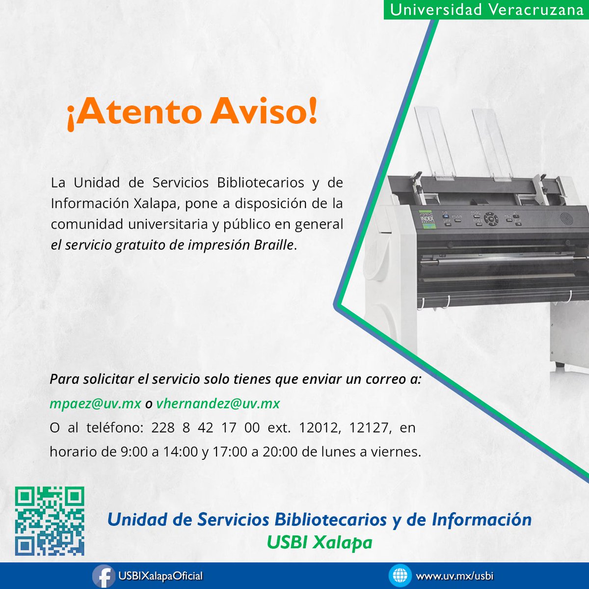 UVeracruzanaMx's tweet photo. ¿Sabías que la UV cuenta con el servicio de impresión braille gratuito? 📖
Consulta los detalles según la región que corresponda:

Xalapa
✉️ Solicitud al mpaez@uv.mx | vhernandez@uv.mx
Veracruz
💻Informes al 229 775 2000 ext. 22082 y 22113, o al correo jutrera@uv.mx
#UV_Inclusiva https://t.co/XoEM2Qbq6H