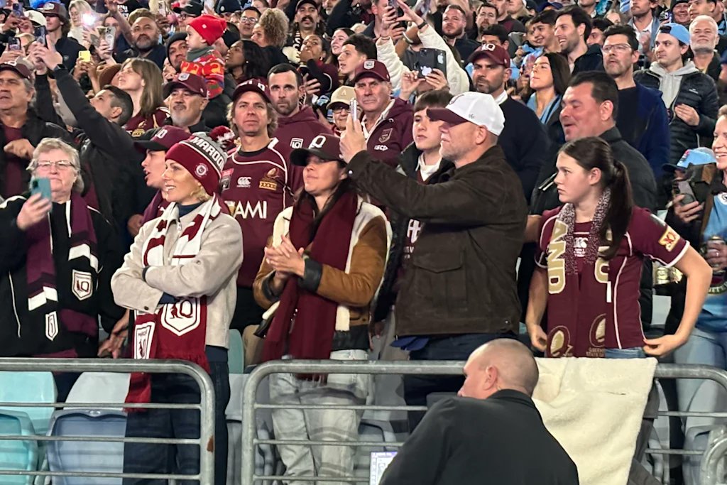 fithdy's tweet image. Former England rugby captain and his Olympic medallist wife - who just happens to be King Charles' niece - with the winning coach's wife and daughter at State of Origin 3 last night, preferring that game over a British Lions tour match played at the exact same time 300km away.