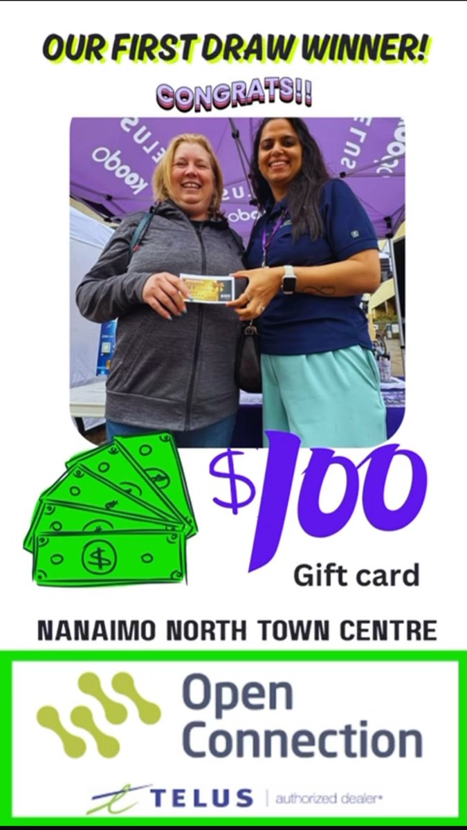 OpenConnection_'s tweet image. Congratulations to our first $100 gift card winner at the Nanaimo Commercial Street night market!  You could be our next lucky winner simply by visiting our OPEN CONNECTION (TELUS Authorized Dealer) booth located downtown at 121 Bastion Street!  Come see our friendly staff!