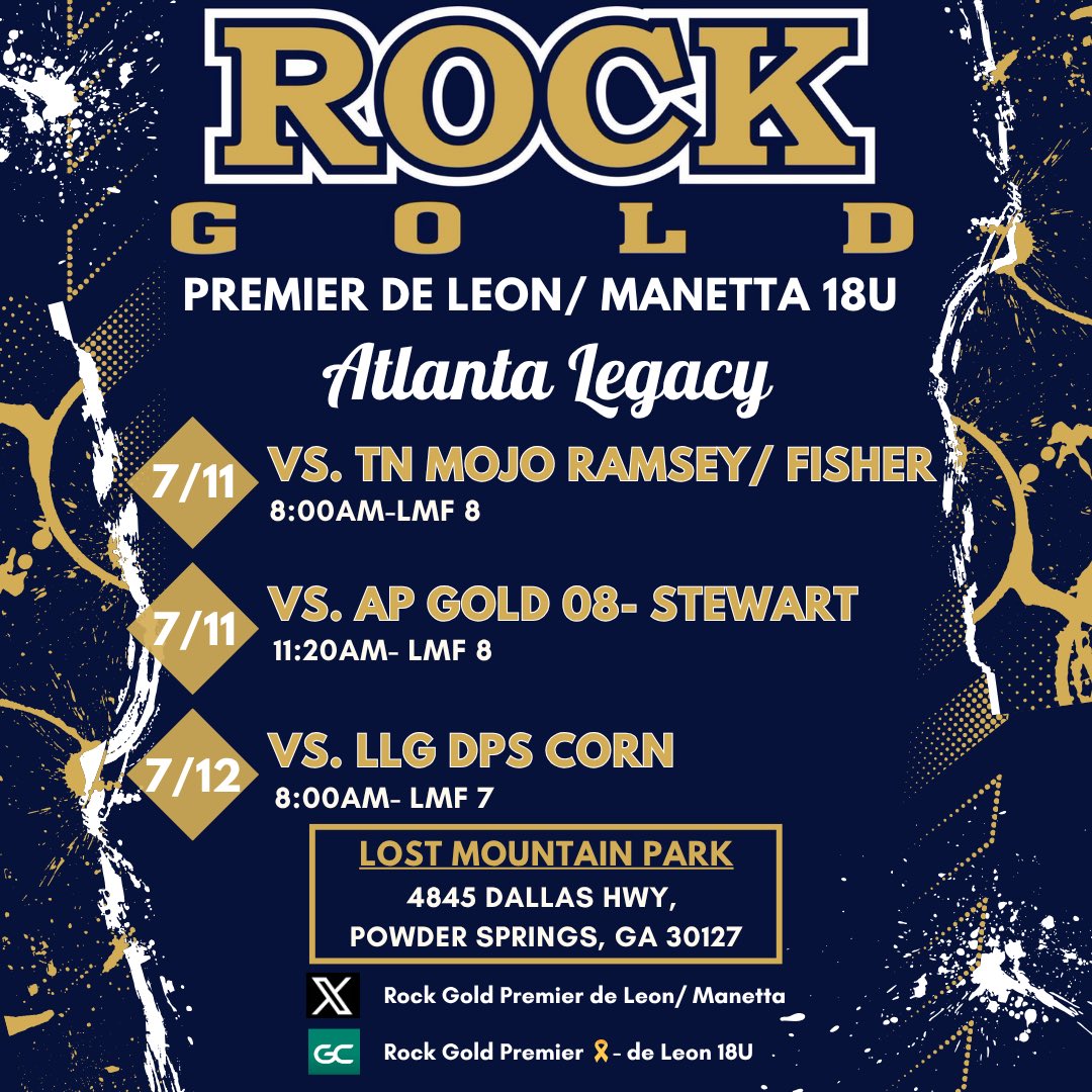 Here’s our schedule for Atlanta this weekend! 🔥🔥
<a href="/Coach_Luis1721/">Coach Luis de Leon</a> <a href="/RockGold_deLeon/">Rock Gold Premier- de Leon / Manetta</a> <a href="/RockGoldManetta/">Rock Gold Manetta</a>