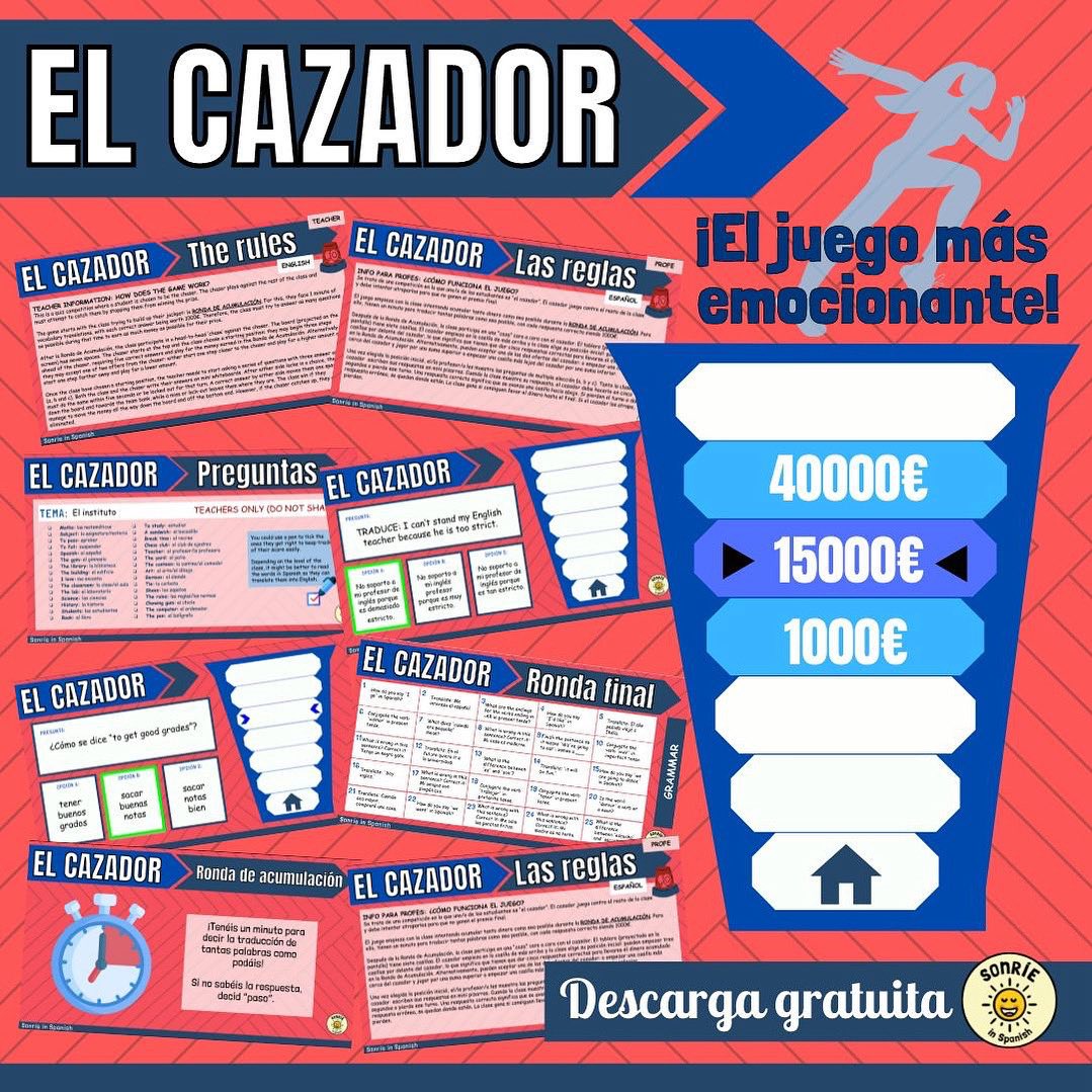 El Cazador : el juego perfecto para terminar el curso ⭐️ 9 sets de preguntas para la ronda de acumulación y 2 rondas finales + la plantilla para crear las tuyas propias. Reglas del juego en inglés y en español. RT/comenta y te enviamos el enlace de descarga gratuita