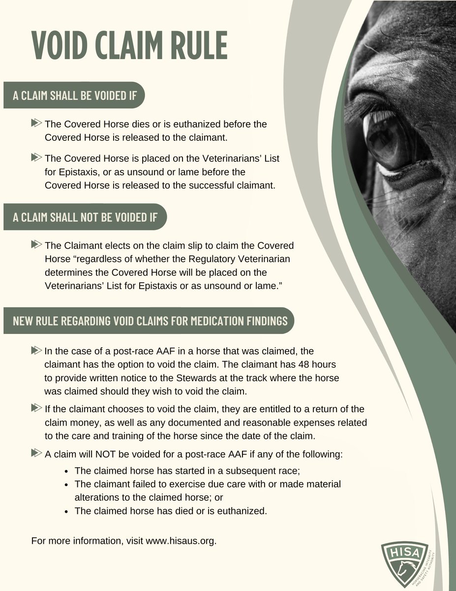 HISA established a Void Claim Rule that standardizes the conditions under which a claim on a racehorse can be voided. Stay informed and protect your interests.

Learn more about the Void Claim Rule: hisaus.org/resources/void…

#Horseracing #VoidClaimRule