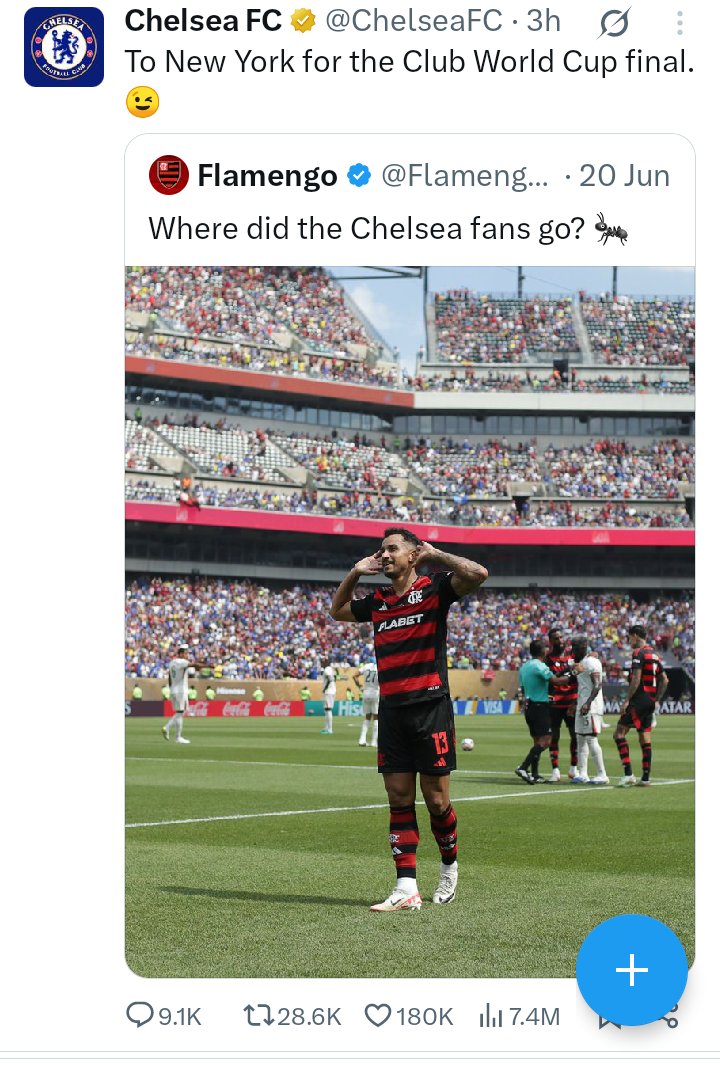 I think battle from <a href="/ChelseaFC/">Chelsea FC</a> and <a href="/Flamengo/">Flamengo</a> admins is done 
It has been fan to watch 😂😂😂😂