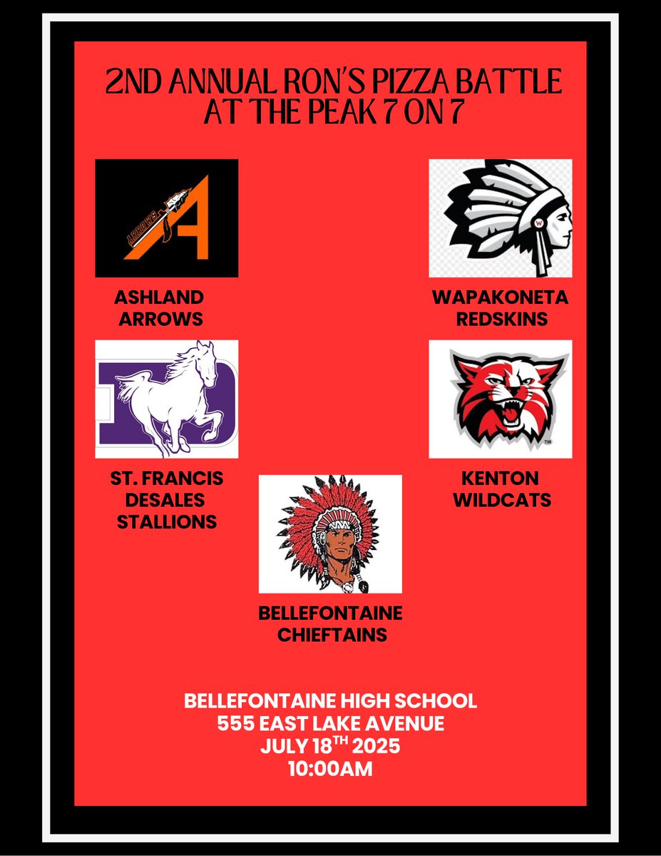BHSChieftainFB's tweet image. Come out to Acusport stadium July 18th at 10:00am for the Battle at the Peak sponsored by Ron’s Pizza!
